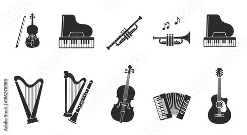 A comprehensive collection of black vector silhouette icons and musical symbols for industry design and travel tools