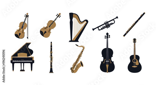 A diverse set of musical instruments featuring an electric guitar, bass, and classical violin with a bow for rock, jazz, or orchestral string music performance art