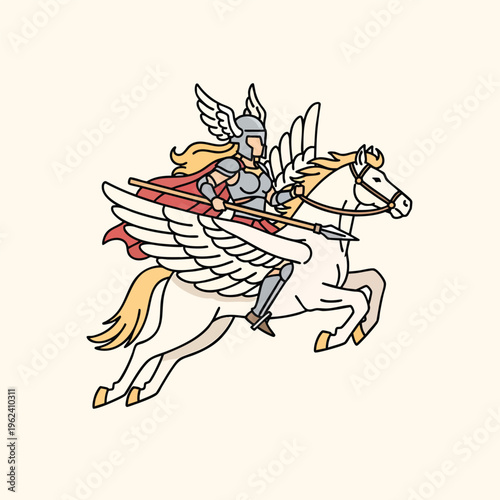 A cartoon depiction of a woman with blond hair, winged helmet, and armor riding a pegasus. She holds a spear and wears a cape