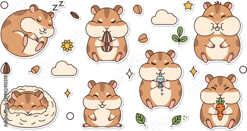 Cute kawaii hamster sticker set featuring adorable rodents eating seeds sleeping drinking and holding carrots in flat vector style.
