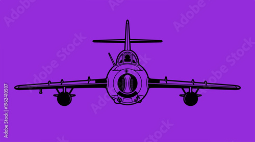 Front view of a jet plane with a purple background.