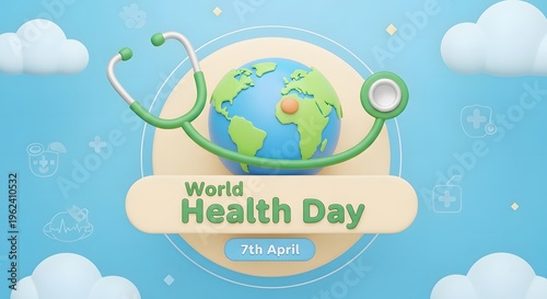 A colorful illustration depicts global healthcare with a stethoscope embracing the earth for world health day high quality professional detailed modern elegant