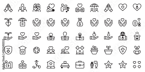 Comprehensive Set of Charity, Donation, and Support Outline Icons. Vector graphics for humanitarian aid and community care.