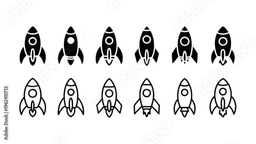 Ten black and white rockets arranged in two rows of five each showing various launch stages Vector