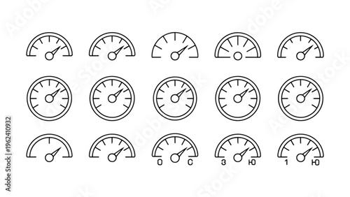 Collection of fifteen unique speedometer and gauge designs in varying styles and orientations for visual or functional use Vector
