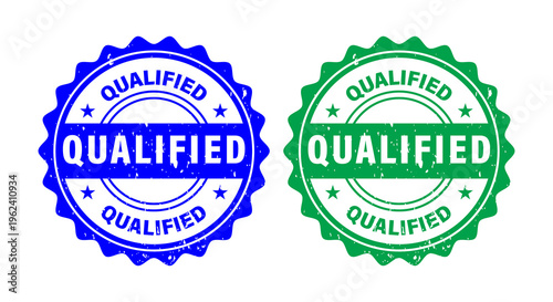 Foto Blue Green Qualified Seal Stamp in Round Shape with Distressed Effect