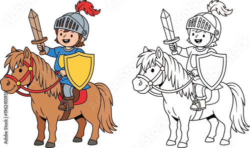 Little Boy Knight Riding Horse with Sword and Shield Medieval Cartoon Illustration and Coloring Page for Kids Vector Art