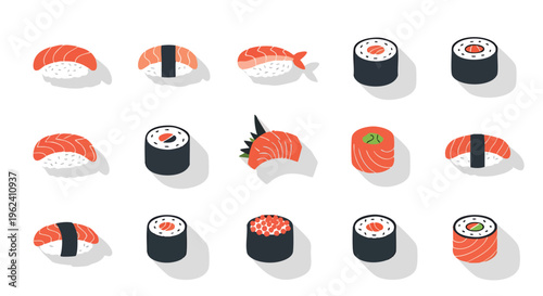 A flat-design illustration presents fifteen pieces of traditional Japanese sushi with varying toppings and styles, placed on a white background