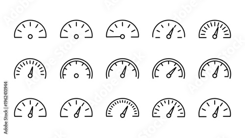 Collection of various analog speedometer dials in different styles and readings for vehicle gauges Vector