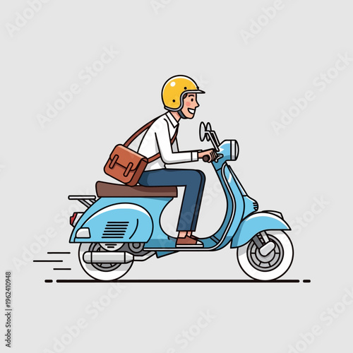 Man Riding Blue Scooter with Brown Satchel, Commuting to Work