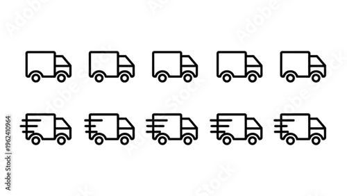 Ten delivery trucks arranged in two rows, five each, with some showing motion lines for dynamic effect Vector