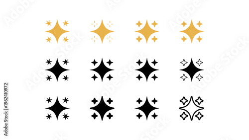 Creative collection of starburst and geometric star designs in gold and black color variations Vector
