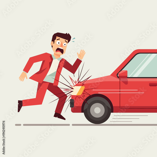 Man running away from car crash, accident, danger, fear, road safety concept