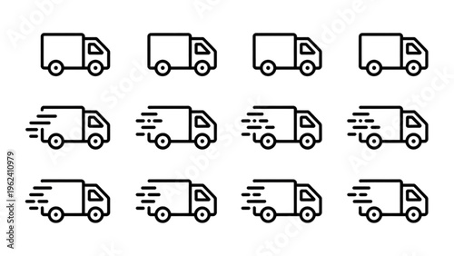 Delivering goods with trucks in various motion states across three rows of icons Vector