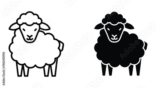 Contrasting sheep depicted in white and black silhouettes with curly wool and expressive faces