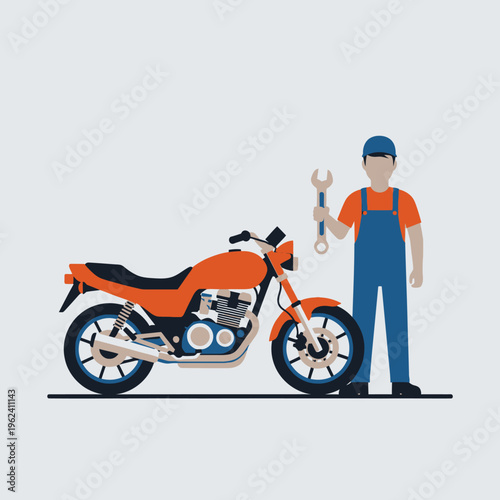 Mechanic holding wrench next to orange motorcycle, repair service concept