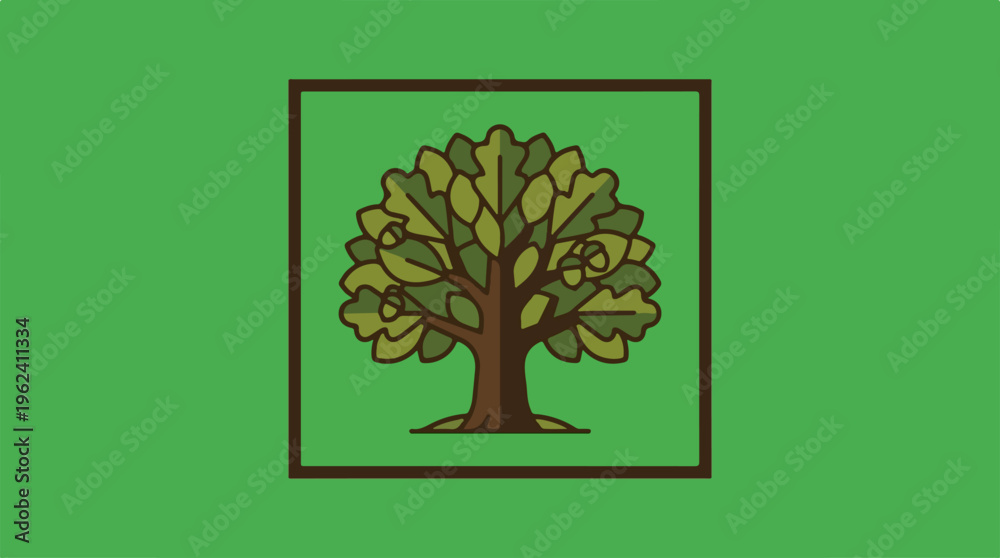 Obraz premium Green tree illustration inside a square frame on a green background.