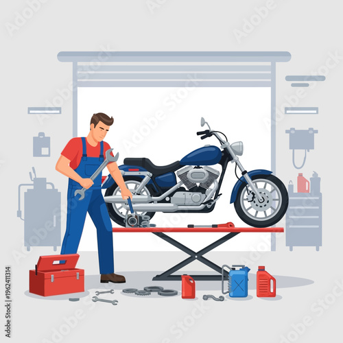 Mechanic repairing a blue motorcycle on a lift in a workshop
