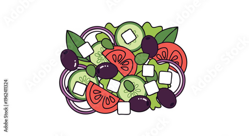 A vibrant, stylized illustration of a fresh salad with layered components, including tomatoes, cucumbers, olives, and onions. The image has a clean, flat design