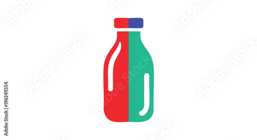 A symmetrical, minimalist illustration of a bottle, bisected into red and green halves with a red cap and a blue top. White background