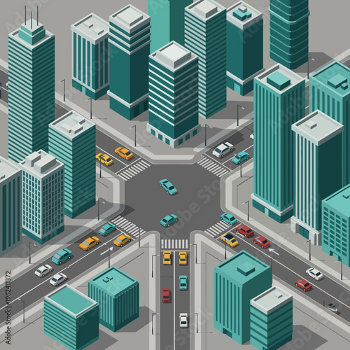 Isometric city intersection with skyscrapers, cars, and traffic lights, urban cityscape.