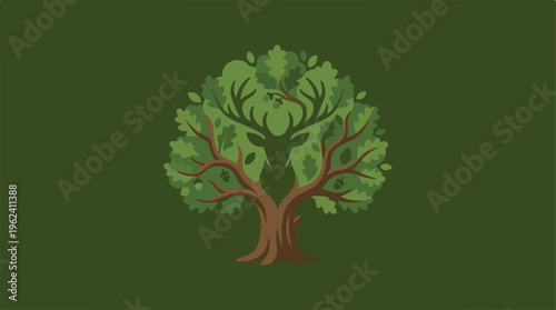 Green tree illustration with leaves and branches on a dark background.