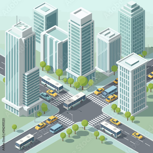 Isometric Cityscape with Buildings, Cars, and Buses at Intersection