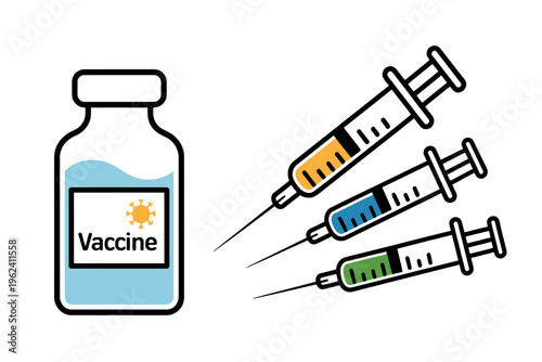 Vaccine bottle with colorful syringes for medical treatment and immunization purposes