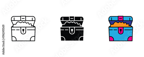 Open treasure chest full of gold for wealth and gaming reward icon set. Antique wooden trunk and hidden loot discovery symbol. Vector Illustration.