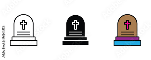 Christian tombstone with cross for cemetery and funeral memorial icon set. Grave stone for burial site and mourning remembrance symbol. Vector Illustration.