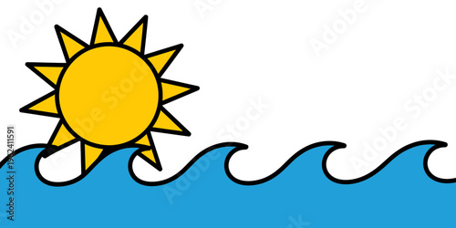 Cartoon sun shining over blue ocean waves on a sunny day