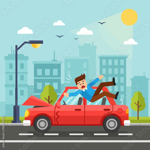 Man falling out of car during accident on city street, car crash concept