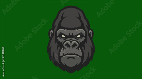 Intense gorilla face portrait against a vibrant green background.