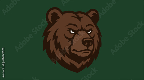 Intense Grizzly Bear Head Portrait Against Green Background.