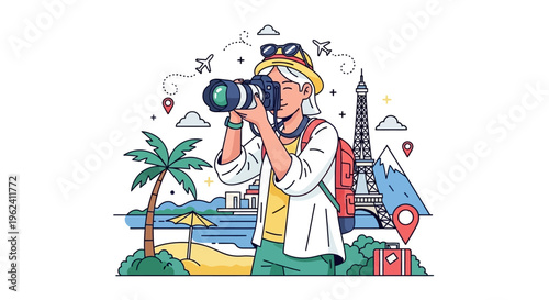 A female traveler captures memories with her camera during a global journey.