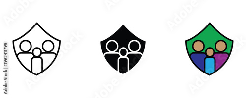 Family safety under shield for life insurance and protection icon set. Security for parents and child healthcare coverage symbol. Vector Illustration.