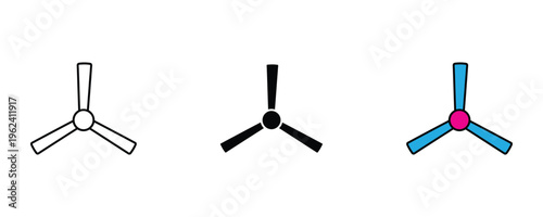 Electric ceiling fan for home cooling and interior ventilation icon set. Household appliance for air circulation and summer comfort. Vector Illustration.
