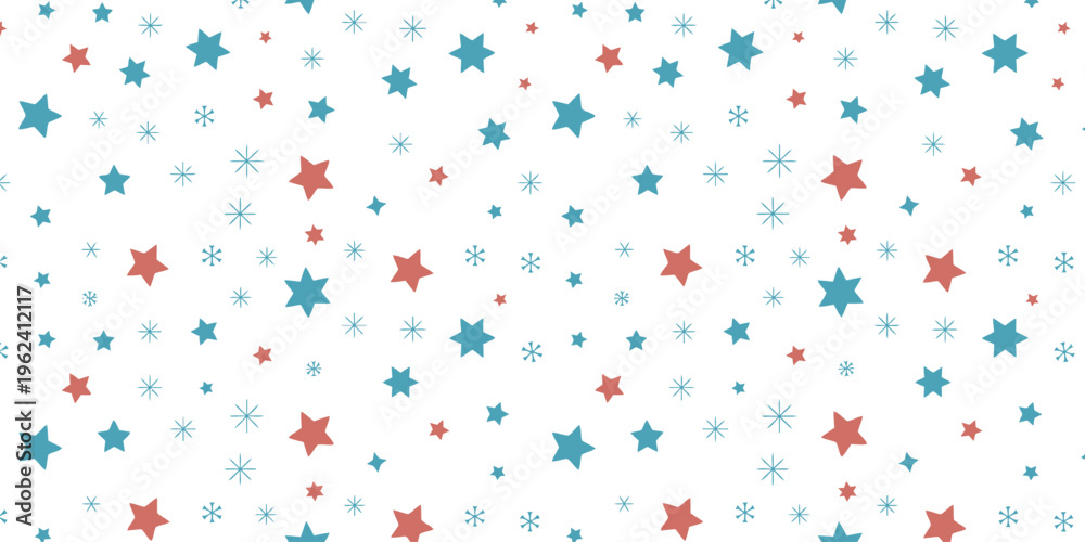 Obraz premium Colorful pattern of blue and red stars and snowflakes on white background