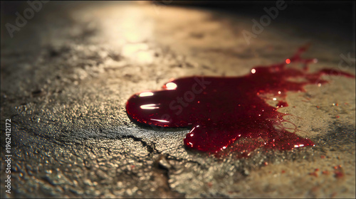 Thick dark blood pooling on cracked concrete pavement, close-up view with shallow depth of field, violent crime and fatal accident concept.