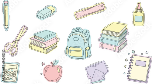 Colorful school supplies and books illustration
