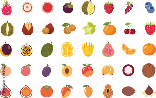 A colorful illustration of various fruits from around the world