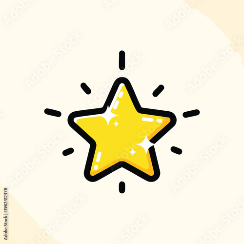 A brightly colored, five-pointed star icon with a glossy finish and black border, surrounded by radiating lines on a cream background