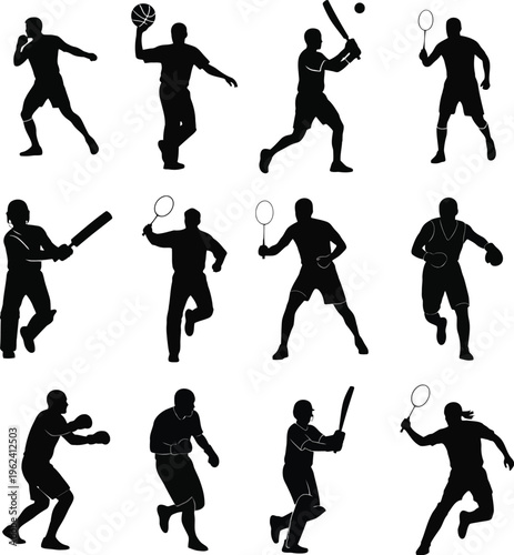 Collection of black silhouettes of people playing various sports