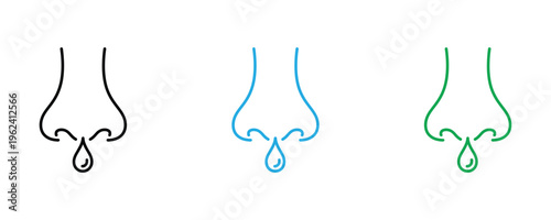 Human runny nose with drop for flu and common cold symptom icon set. Medical health sickness and nasal allergy symbol. Vector Illustration.