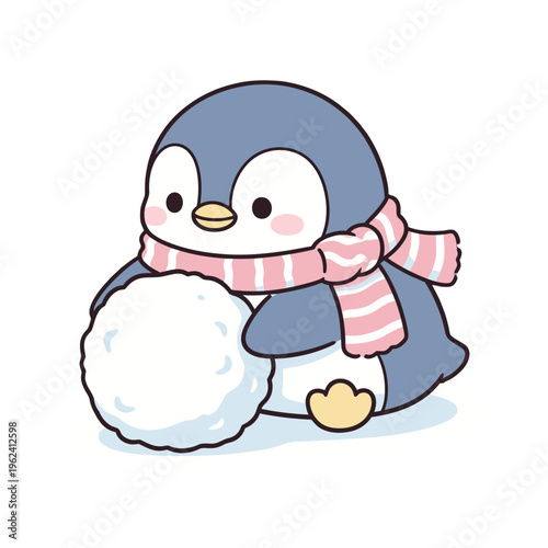 Cute cartoon penguin wearing a pink scarf playing with a snowball in winter