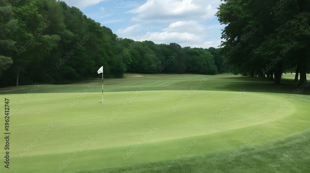 Obraz premium Golf course, green fairway, flagstick, trees, landscape