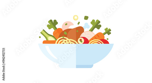 A flat-design illustration shows a bowl filled with various food items. Carrots, leafy greens, noodles, and other colorful ingredients make up the arrangement