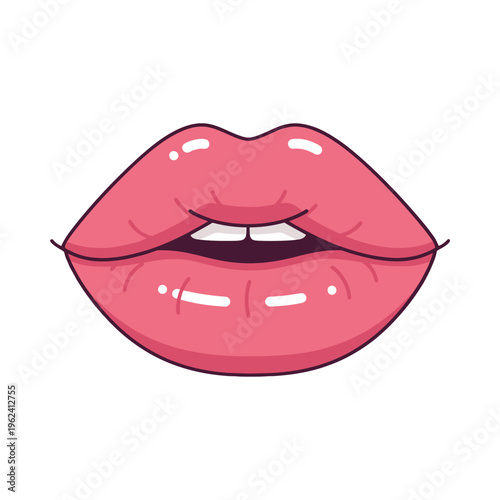 A cartoon illustration of a pair of shiny pink lips smiling with white teeth on a plain white background, symbolizing beauty and allure.