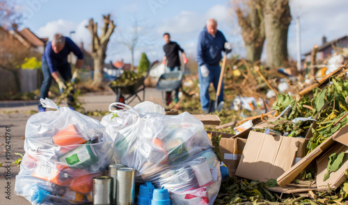 Different persons, local residents work together after a storm gathering debris, cleaning up the street and yards, sorting waste materials and broken branches. Environmental community service concept