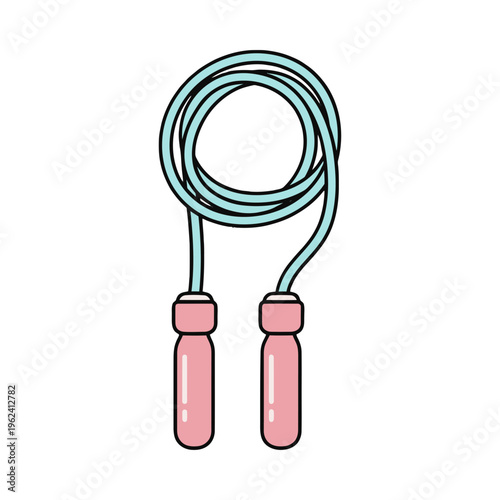 A cartoon-style illustration of a teal jump rope with pink handles on a white background, symbolizing fitness and exercise in a playful and fun way.